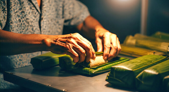 Close-up of hands expertly wrapping a traditional snack or meal in fresh green banana leaves. The warm lighting highlights the intricate process of preparing this authentic regional cuisine