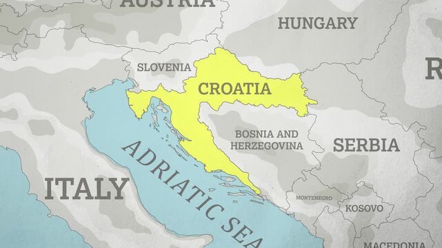 Basemap with a Zoom of the Croatia Highlighted in Yellow. Generic World Map Animation