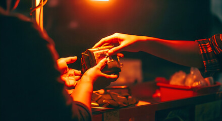 Close-up of two people&rsquo;s hands exchanging Asian street food under warm orange-red lighting. The atmospheric scene suggests a night market or street vendor setting, highlighting culinary culture