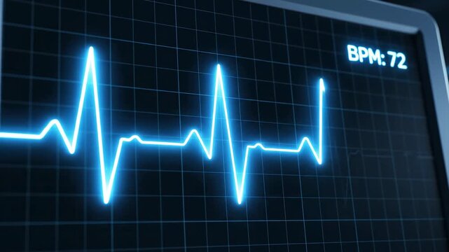 Close Up of Glowing Blue EKG Heartbeat Monitor Displaying 72 BPM on a Dark Grid Background