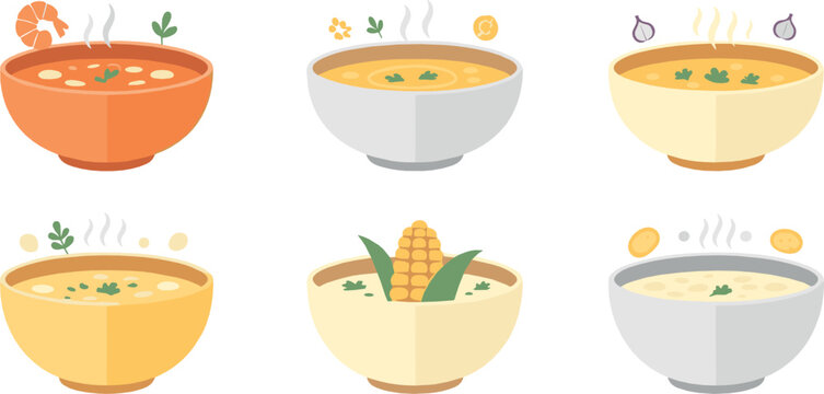 Korean traditional porridge bowls with shrimp, corn, and vegetable toppings representing warm Asian comfort food illustrated in clean modern flat vector style