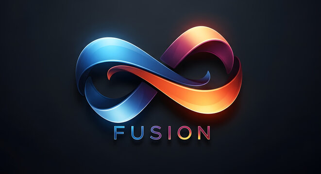 A glowing 3D infinity symbol logo in blue and orange colors representing fusion and infinite connection