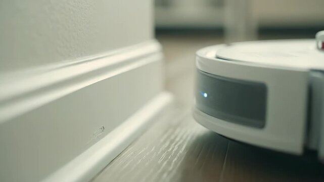 Close-up of white robot vacuum cleaner cleaning floor and reaching wall corner.
