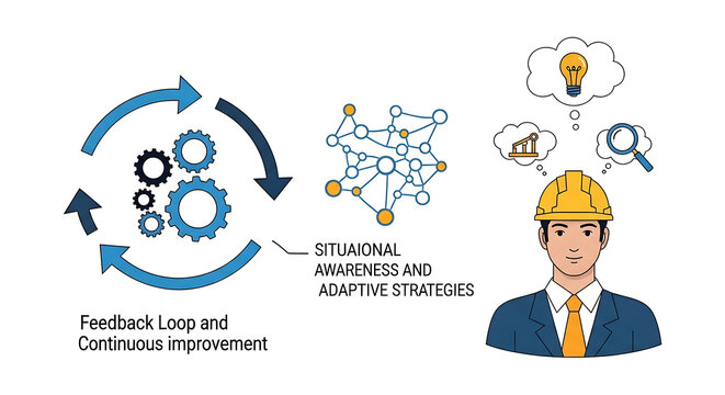 Conceptual feedback loop for continuous improvement strategic problem solving situational awareness and adaptive management optimization in business cycle development process illustration