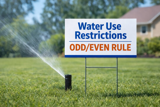 Lawn sprinkler watering green grass by a Water Use Restrictions sign: ODD EVEN RULE. Municipal water conservation. Communication design element.