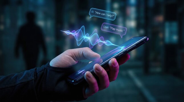 Voice Assistant Interaction Optimization with Speech Recognition Visualization on Smartphone Interface Enabling AI-Driven Automation and Seamless Digital Connectivity in Urban Night Setting