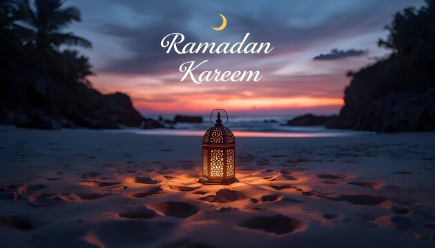 Ramadan kareem greeting with illuminated fanoos lantern on a sandy beach at sunset or twilight with a crescent moon