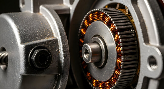 Close-up of an electric motors internal components showing copper windings and metal casing.