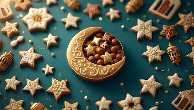 Delicious crescent moon and star shaped cookies scattered on a teal background for ramadan or eid celebration
