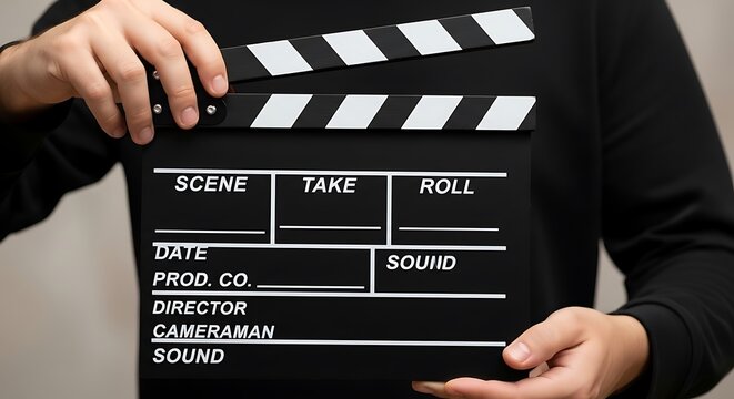 Professional filmmaker prepares to begin movie production, holding a clapperboard on set