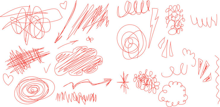 Hand drawn red crayon pencil scribbles, doodles and sketch strokes.  vector illustration 
