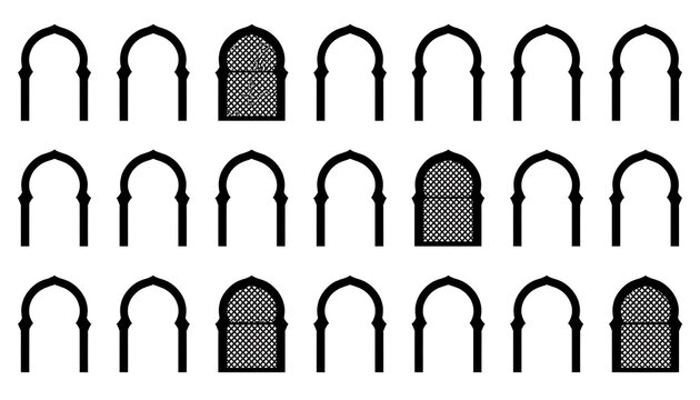 Set of islamic or moorish arch silhouettes in black and white, architectural elements pattern