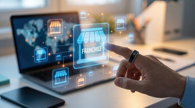 Entrepreneur expanding franchise opportunities using digital touchscreen interface and networking icons for global business model optimization and scalability analytics