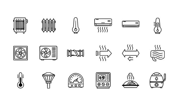 HVAC Thin Line Icon Set Vector Pack for Heating, Ventilation, Air Conditioning and Climate Control