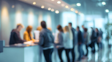 Fototapeta premium A blurry image of people queuing at a service counter inside a modern building, in a bank or government agency setting.