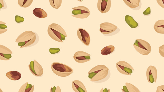 Seamless background pattern featuring many whole and cracked pistachio nuts scattered across a light cream surface.