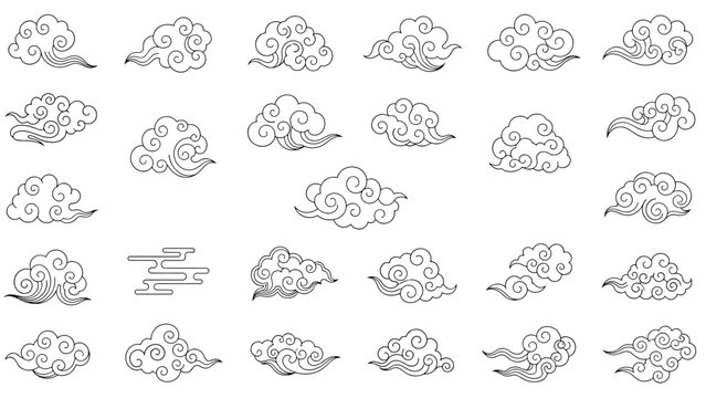 Large collection of traditional Asian style cloud illustrations with various shapes and swirl patterns in black outlines.