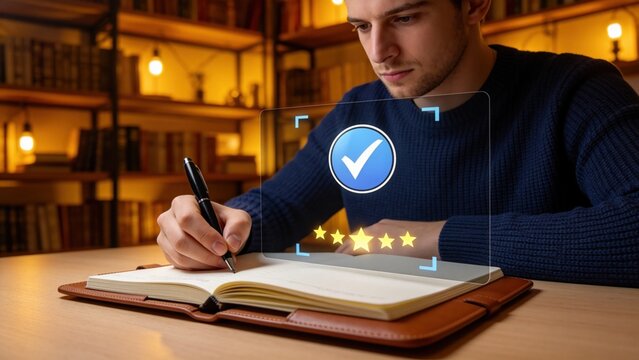 Student writing in notebook with virtual rating checkmark interface,five star evaluation,quality feedback and online review concept in library study environment