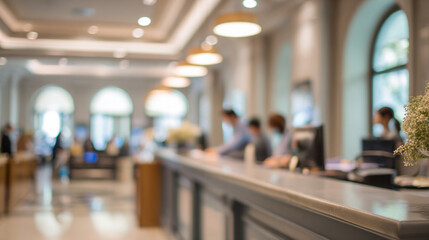 Fototapeta premium A blurry image of people queuing at a service counter inside a modern building, in a bank or government agency setting.