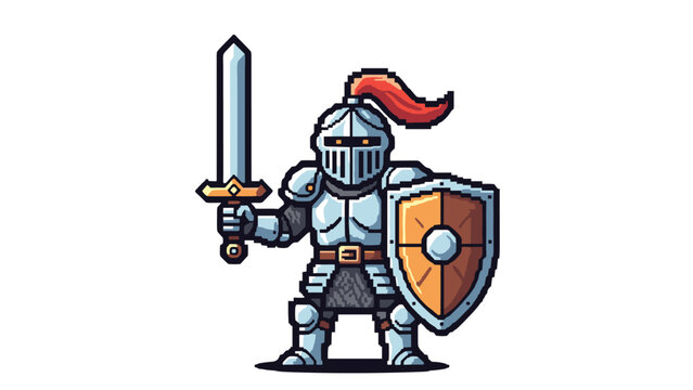 Retro-style pixel art character of a brave medieval knight clad in silver plate armor wielding a sharp sword and a sturdy shield.