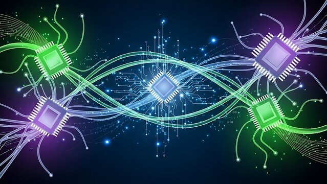 Abstract digital art depicting interconnected microprocessors with glowing circuits and energy streams on a dark background.