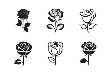 Collection of Six Black Rose Silhouettes on White Background