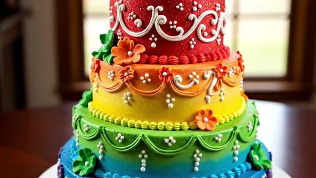 Vibrant Four Tiered Celebration Cake with Ombre Color Gradient and Intricate Royal Icing Piping Decorations