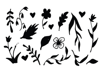 Naklejka premium Flower abstract hand drawn brush ink stroke. Sketch hand drawn silhouette floral plant nature graphic leaf floral. Vector simple flower leaf ink stroke. Vector illustration