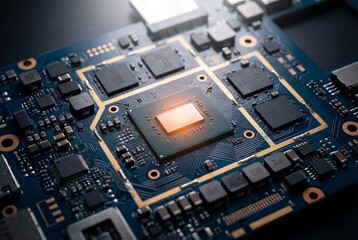 Fototapeta premium Advanced circuit board with glowing microchip for technology and computing concepts