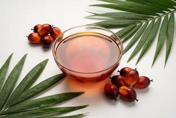 Fototapeta premium Vibrant red palm oil in glass bowl with fresh palm fruits and green leaves on white