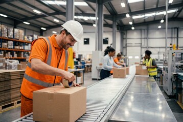 Smiling male worker in hard hat sealing cardboard box on conveyor belt in warehouse
