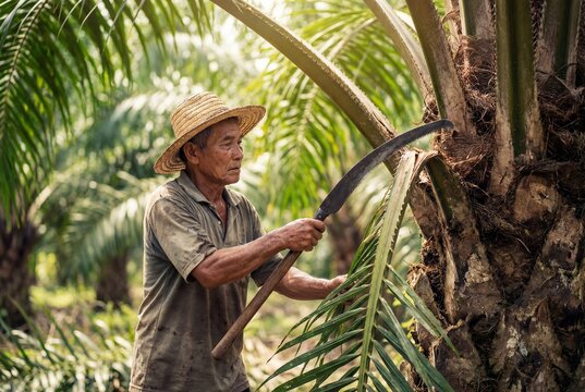 Asian farmer pruning palm tree frond using a long saw in a tropical plantation