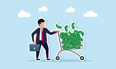 Businessman pushing shopping cart filled with money illustration of collecting profit from business success