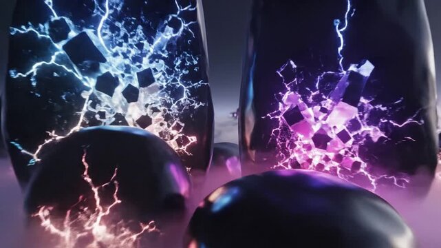 Dark monolithic stones with glowing electric cracks emerging from mystical fog at twilight