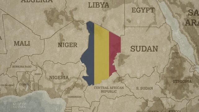 Vintage Style World Map with Chad highlighted in National Flag Overlay