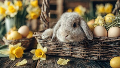 Adorable fluffy animal peeks out from a woven container surrounded by spring blossoms and decorative ovoids