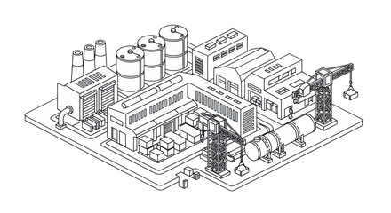 Obraz premium Isometric Industrial Factory Complex with Cranes and Storage Tanks.