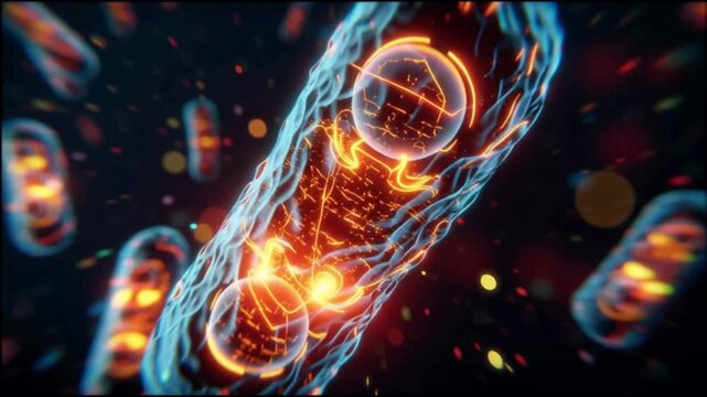 NAD+ biochemical energy. Metabolic energy. NAD+ longevity vitality. Molecular energy. Close-up digital illustration of glowing mitochondria with internal structures