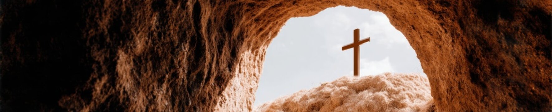 Empty stone tomb viewing a wooden cross on a hill for Christian Easter resurrection concept, earthy brown cave interior with ethereal morning light and copy space
