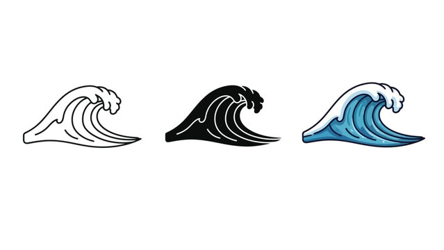 Set of three stylized ocean wave icons outline, solid black and colored blue, representing sea water movement and surfing