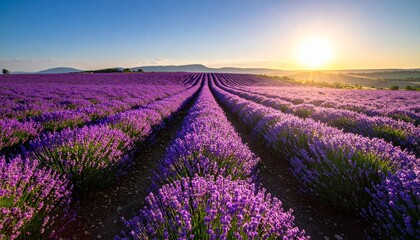 Obraz premium A breathtaking sunset paints the sky over a purple lavender field in rural Provence, France, where blooming flowers create a beautiful summer landscape across the vast agricultural farm meadow