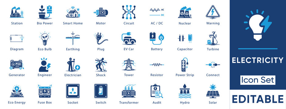 Electricity icon set. Containing smart home, EV car, solar, eco energy, transformer, circuit and more. Solid vector icons collection.