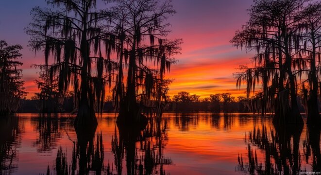 Striking crimson and orange sunset illuminates a swamp landscape with silhouetted cypress trees reflected in still water