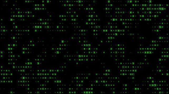 Matrix code stream displays flowing green characters on a black digital background screen