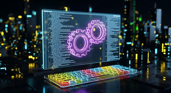 A modern computer with a coding interface on its screen is set against a vibrant cityscape. The image exudes innovation and technology, software development, coding, or futuristic business environment