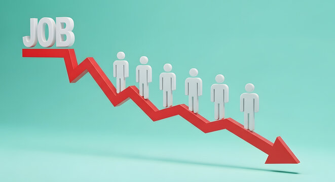 3D illustration of people standing on a red arrow graph trending downward, symbolizing rising unemployment and economic challenges