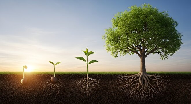 Growth stages of tree from seed to maturity in soil with sunlight
