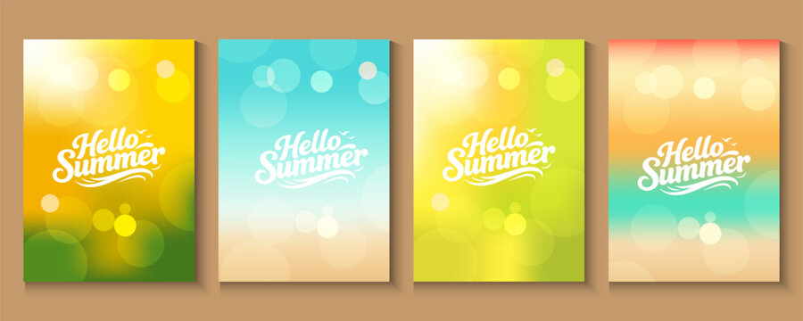 Summer time background with palm trees, Beach umbrella with chairs on the sand. summer sky Bokeh light of sky and sea.Tropical leaves .Summer greeting clipart poster set with tropical palm leaves.