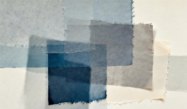 Abstract composition of layered blue and gray fabric swatches with frayed edges on a neutral background