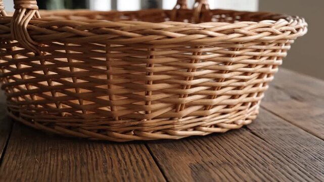 Woven wicker basket on rustic wooden table with natural light